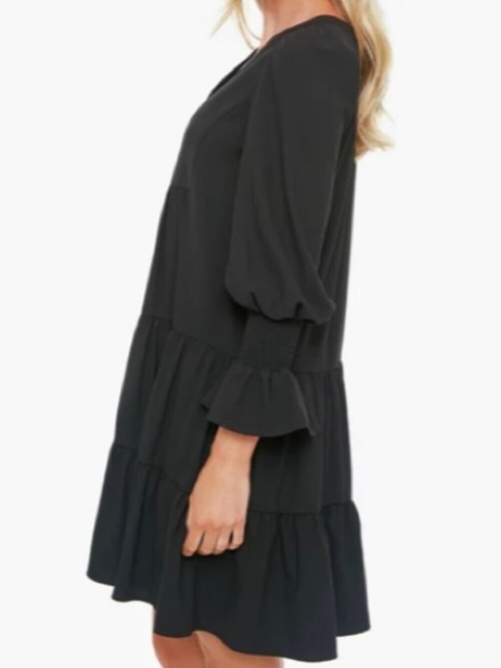 Pomander Place by Tuckernuck Crepe Kenzo Dress Women Medium Black V-Neck Tiered - Picture 13 of 14